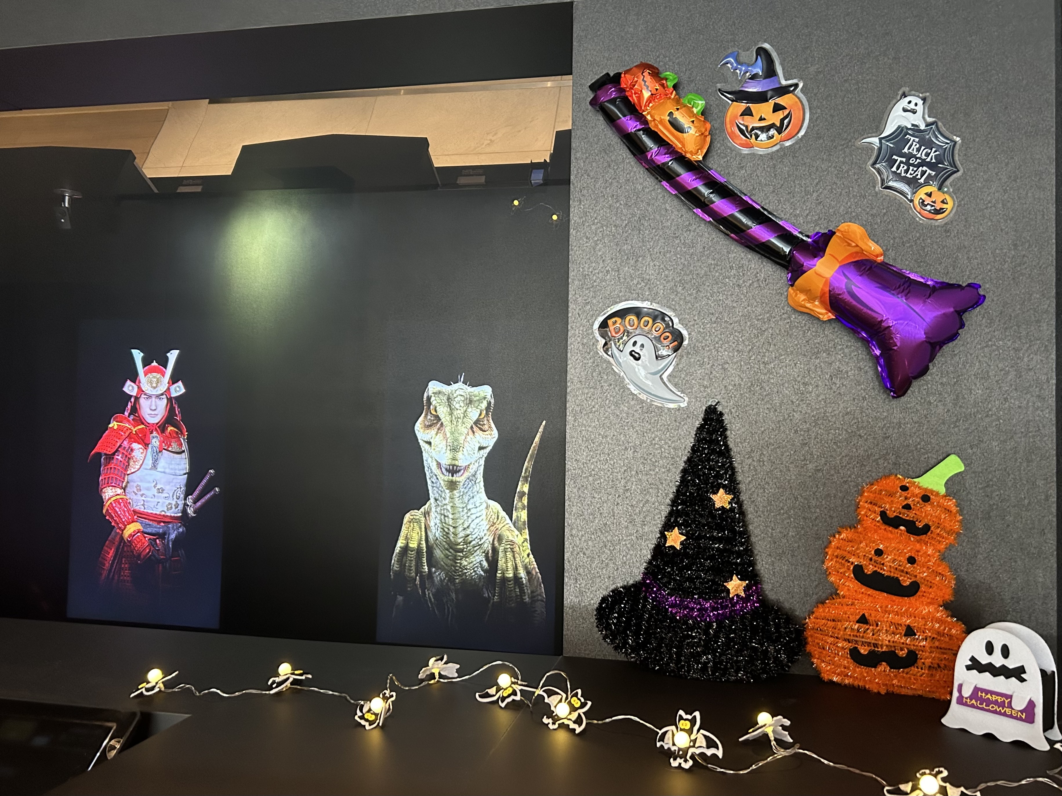 The front desk has been decorated for Halloween 🎃