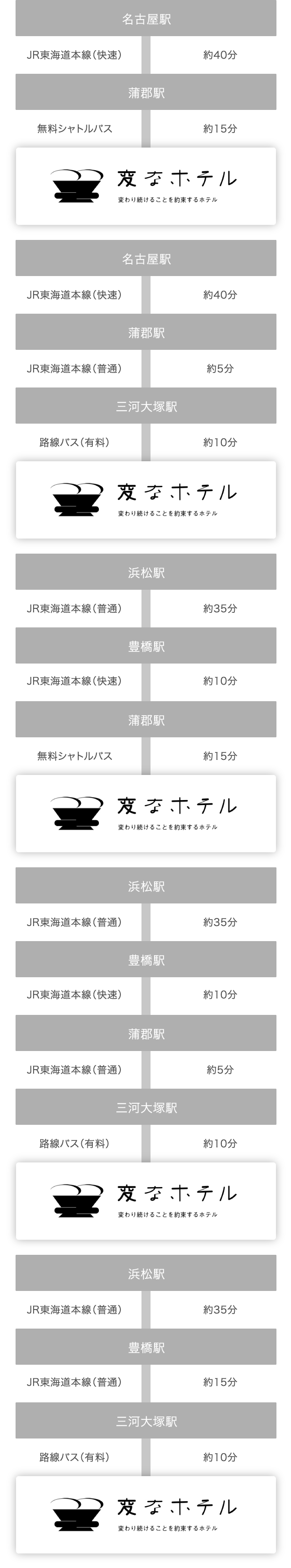 About 40 minutes from Nagoya Station to Kamo-gun Station. About 15 minutes from Kamo-gun Station by free shuttle bus or from Mikawa-Otsuka Station by paid bus. About 50 minutes from Hamamatsu Station to Kamo-gun Station or Mikawa-Otsuka Station. About 15 minutes from Kamo-gun Station by paid bus or from Mikawa-Otsuka Station by paid bus.