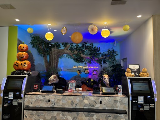 The front desk has been decorated for Halloween 👻
