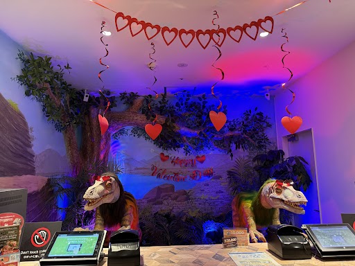 The front desk has been decorated for Valentine's Day.